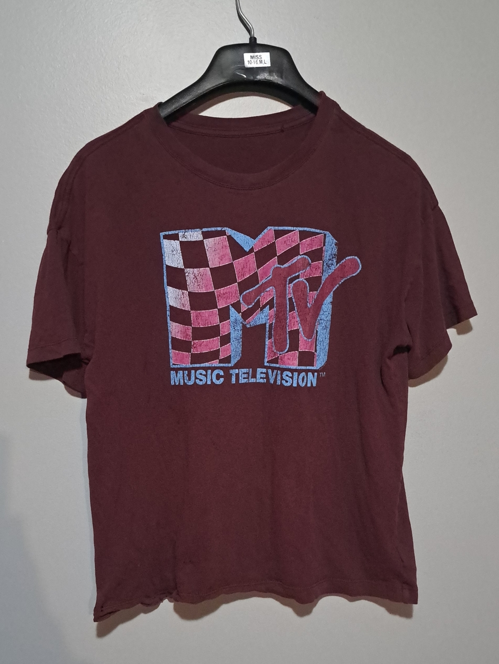Vintage 1990's MTV Maroon Short Sleeve Tee with Pink and Blue Logo